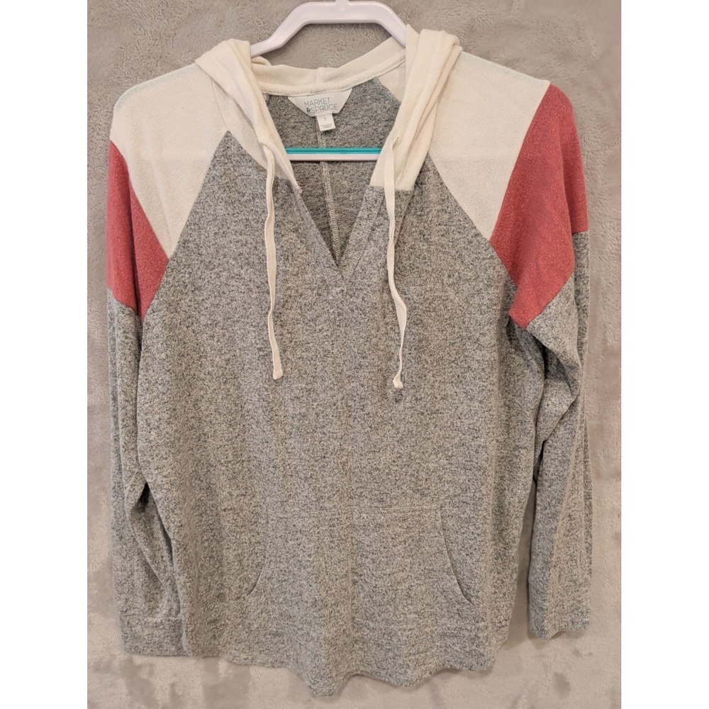 Market & Spruce Womens Gray Hooded Sweater Pink Trim V-Neck Pullover Knit Size L